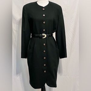 Vtg 90s Ann Taylor Studio Dress Blk Wool Button Front Big Shoulders Pockets 12 M